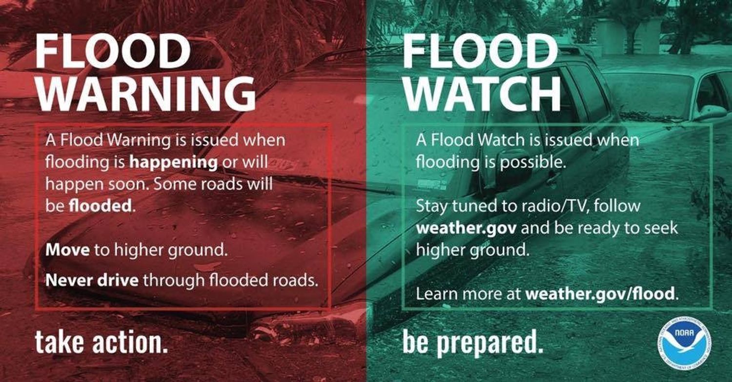 Flood Warning is issued when flooding is happening or will happen soon. Some roads will be flooded. Move to higher ground. Never drive through flooded roads - take action. A Flood Watch is issued when flooding is possible. Stay tuned to radio/TV, follow weather.gov and be ready to seek higher ground. Learn more at weather.gov/flood - be prepared.