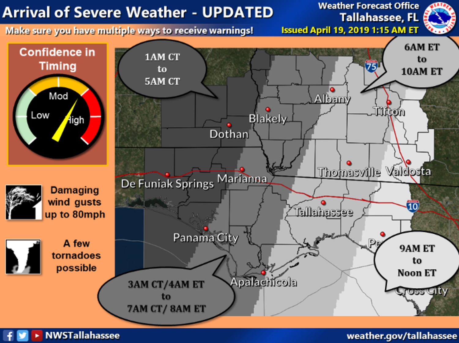 Arrival of Severe Weather. Diagram showing how to read a warning map as well as what weather may be approaching and at what time.